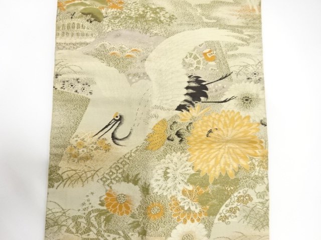  アンティーク　鶴に菊・波模様織り出し名古屋帯（材料）